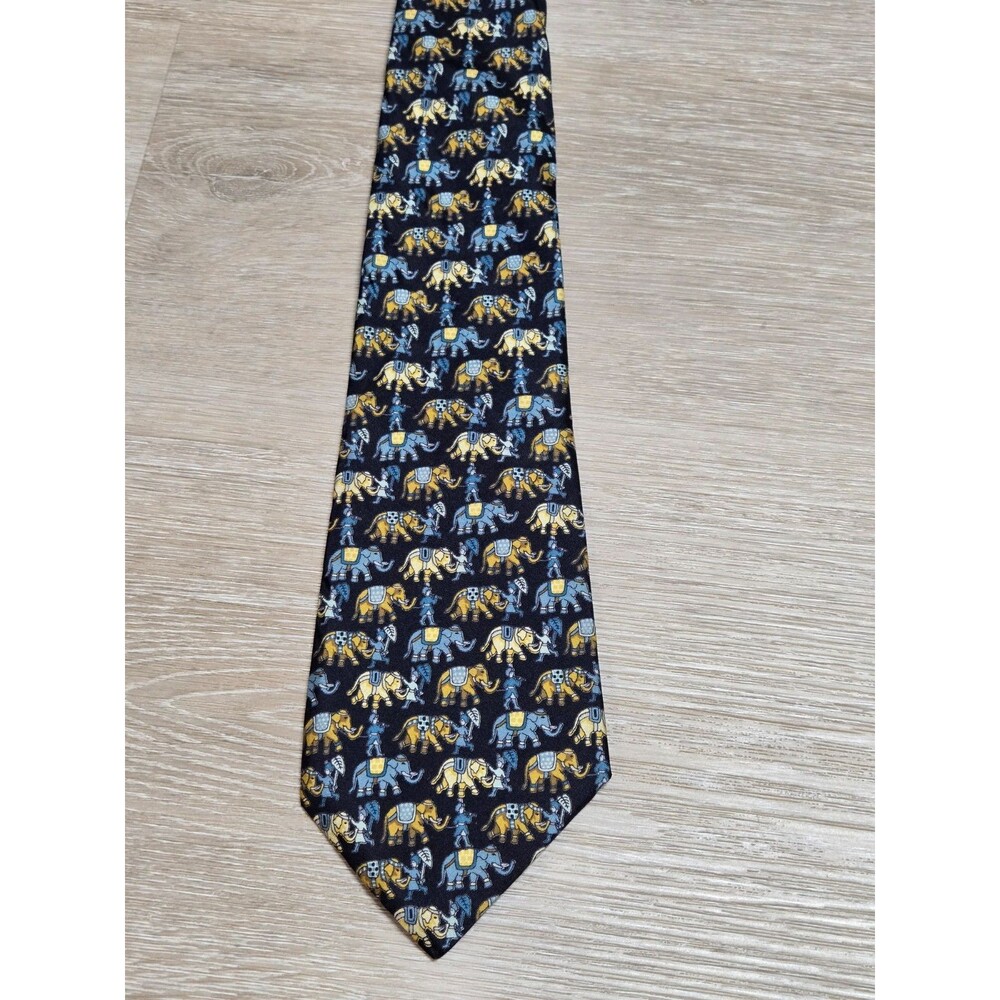 Jim Thompson Thai Silk Elephant Pattern Neck Tie Blue Gold